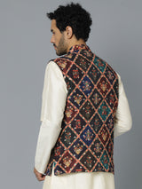 Men's Purple Muslin Sequinned Patola Printed Navratri Special Nehru Jacket
