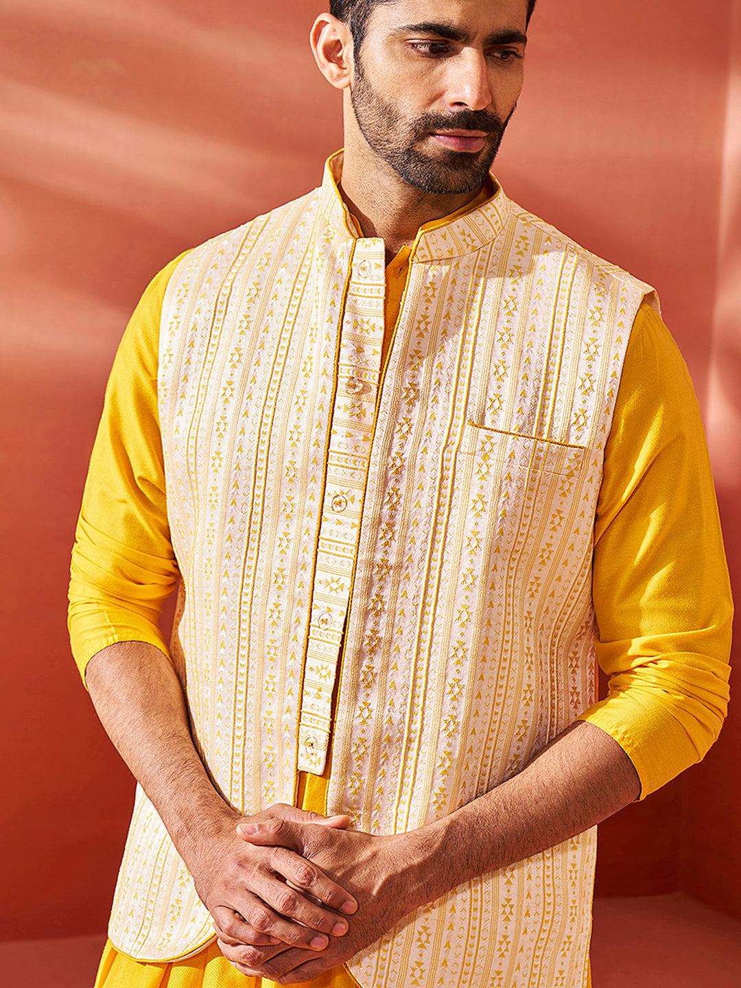 Men's Yellow Silk Blend Jacquard Nehru Jacket
