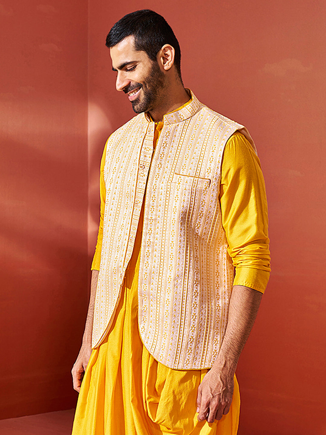 Men's Yellow Silk Blend Jacquard Nehru Jacket
