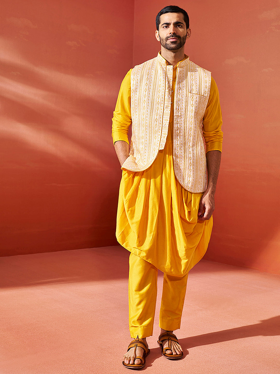 Men's Yellow Silk Blend Jacquard Nehru Jacket
