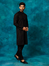 Men's Black Solid Cotton Blend Regular Kurta with Pant Style Pyjama Set