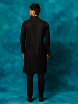Men's Black Solid Cotton Blend Regular Kurta with Pant Style Pyjama Set