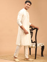 Men's Cream Solid Viscose Regular Kurta with Pant Style Pyjama Set