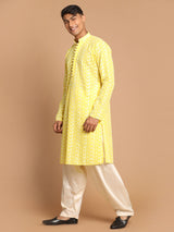 Men's Yellow Cotton Chikankari Kurta with Patiala Set