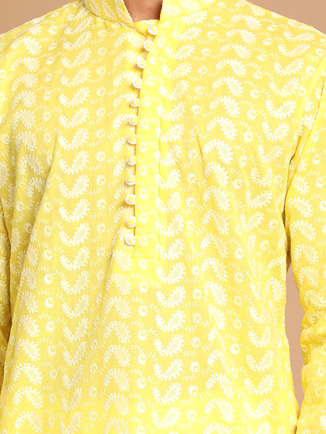 Men's Yellow Cotton Chikankari Kurta with Patiala Set