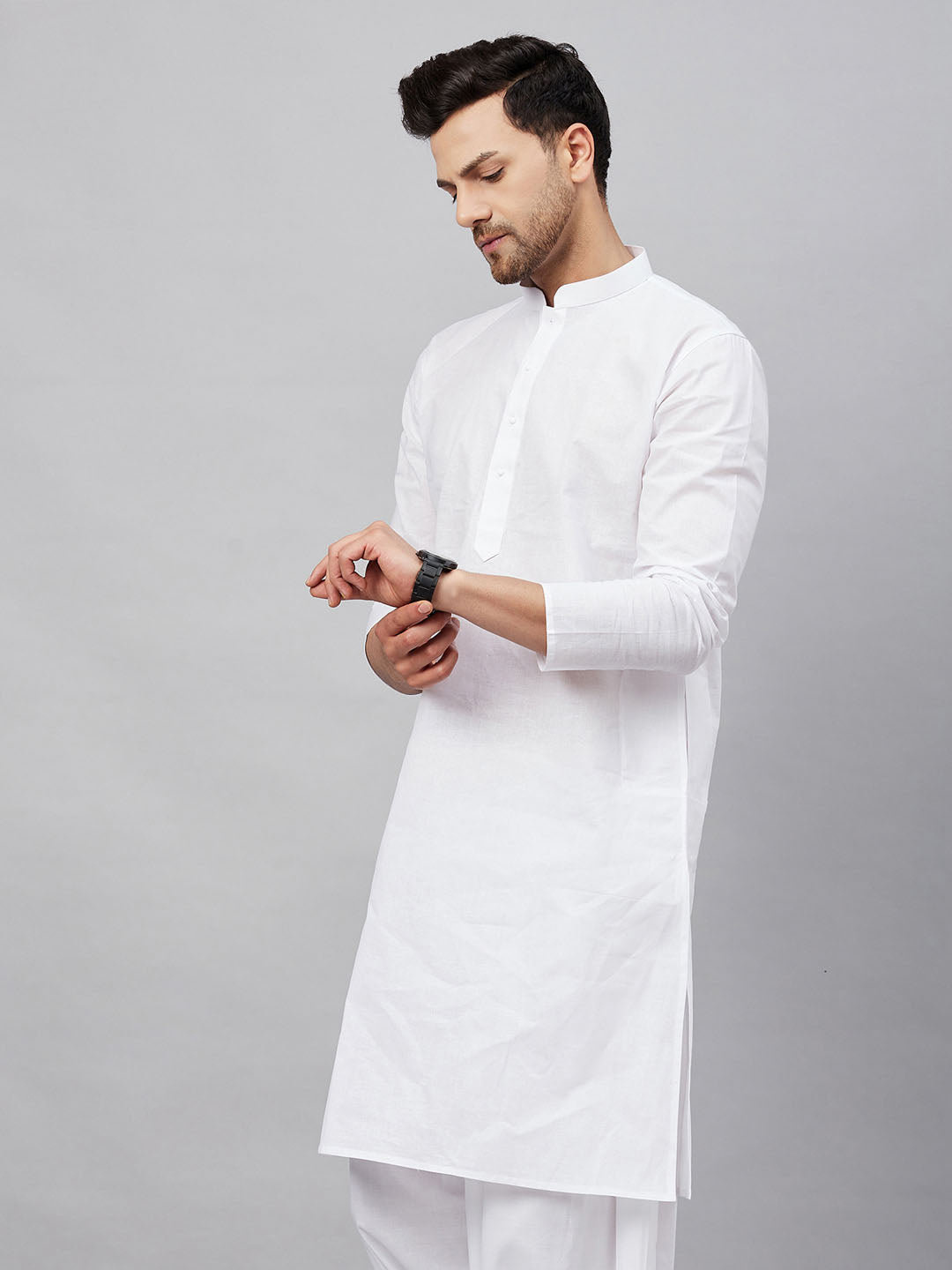 Men's White Festive Solid Full Sleeves Kurta