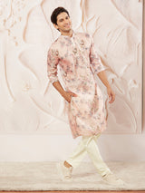 Men's Pink Check Box Pattern Floral Printed Kurta with Pant Style Pyjama Set