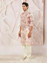 Men's Pink Check Box Pattern Floral Printed Kurta with Pant Style Pyjama Set