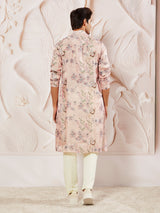 Men's Pink Check Box Pattern Floral Printed Kurta with Pant Style Pyjama Set