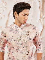 Men's Pink Check Box Pattern Floral Printed Kurta with Pant Style Pyjama Set