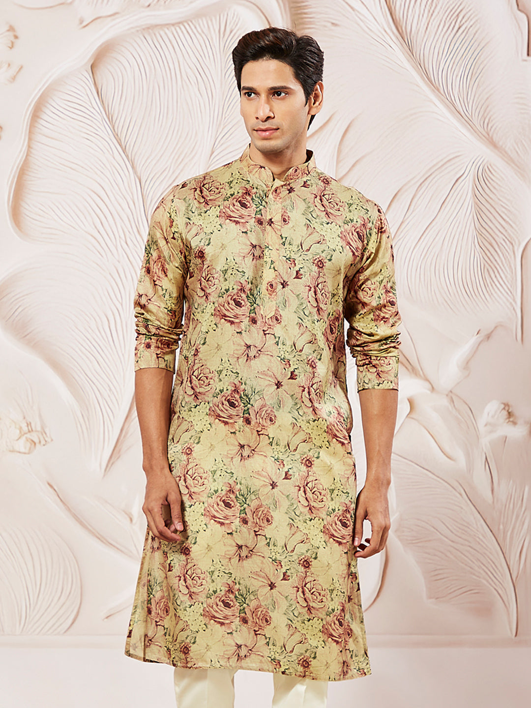 Men's Beige Festive Printed Full Sleeves Kurta