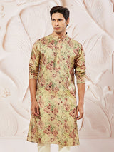 Men's Beige Festive Printed Full Sleeves Kurta