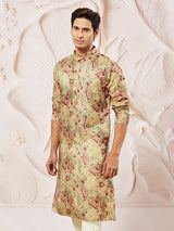 Men's Beige Festive Printed Full Sleeves Kurta
