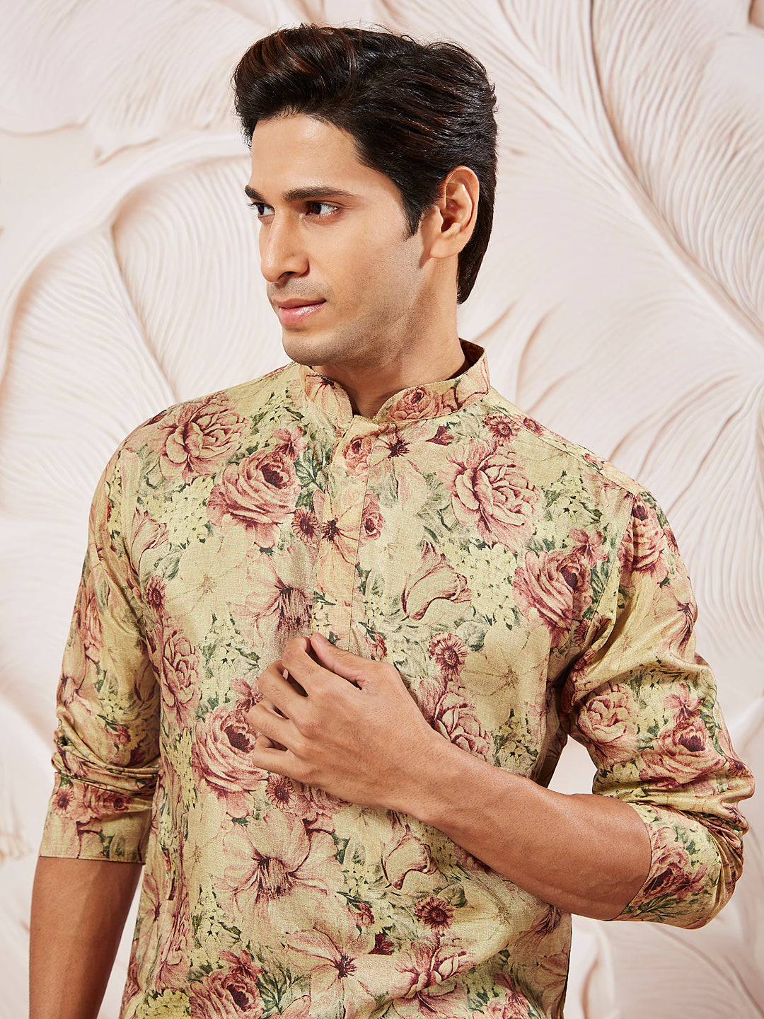 Men's Beige Festive Printed Full Sleeves Kurta