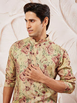 Men's Beige Festive Printed Full Sleeves Kurta