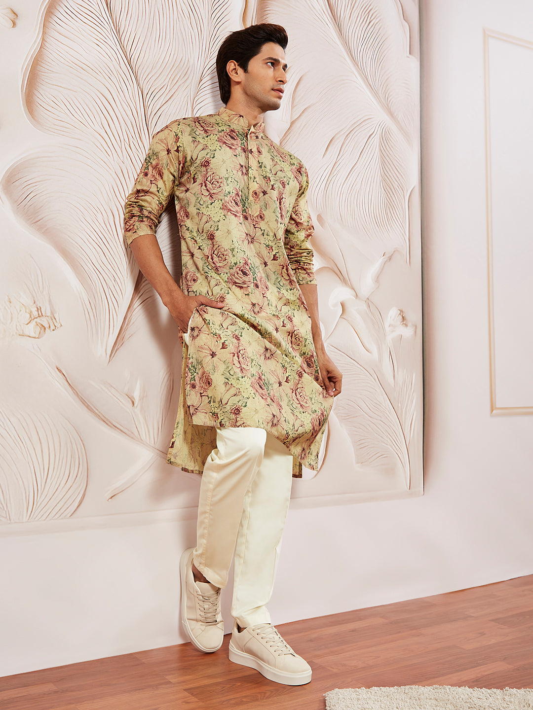 Men's Beige Festive Printed Full Sleeves Kurta