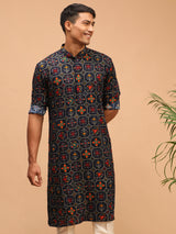 Men's Navy Festive Printed Full Sleeves Kurta