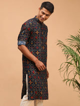 Men's Navy Festive Printed Full Sleeves Kurta