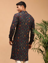 Men's Navy Festive Printed Full Sleeves Kurta
