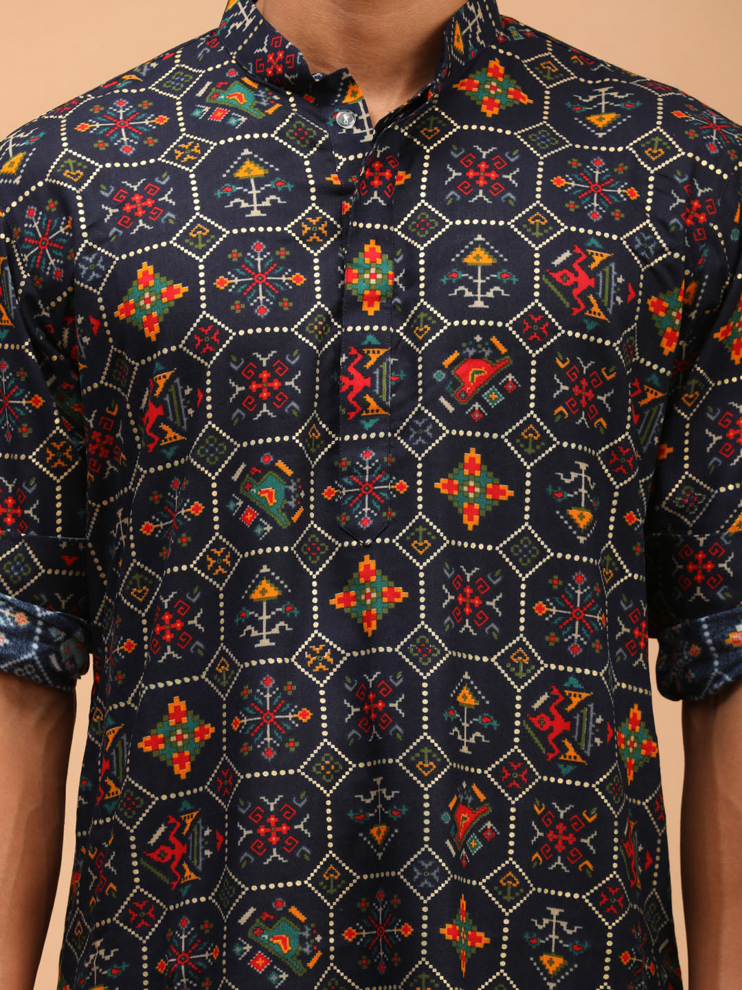 Men's Navy Festive Printed Full Sleeves Kurta