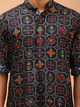 Men's Navy Festive Printed Full Sleeves Kurta