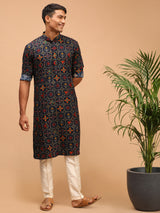 Men's Navy Festive Printed Full Sleeves Kurta