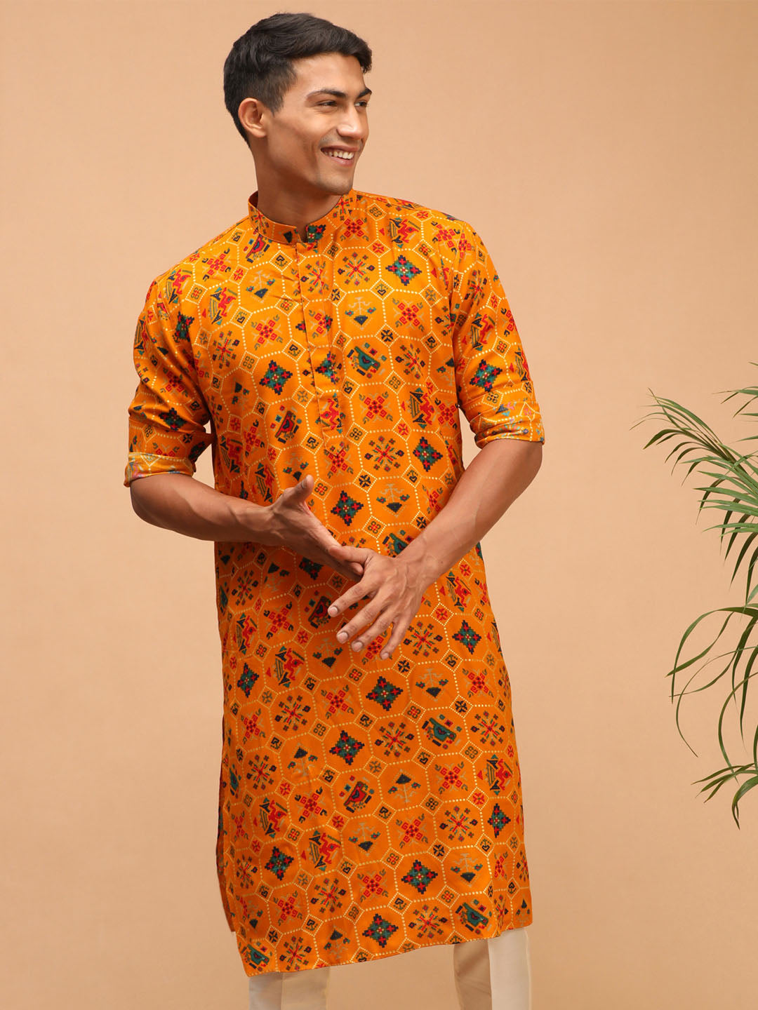 Men's Orange Festive Printed Full Sleeves Kurta