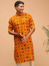 Men's Orange Festive Printed Full Sleeves Kurta