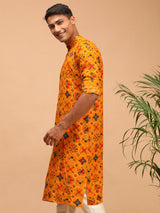 Men's Orange Festive Printed Full Sleeves Kurta