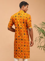 Men's Orange Festive Printed Full Sleeves Kurta