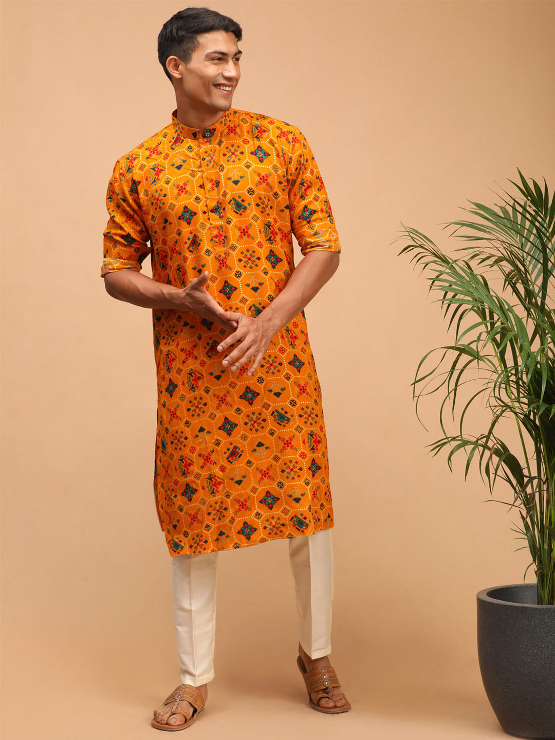 Men's Orange Festive Printed Full Sleeves Kurta