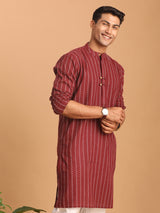 Men's Red Festive Striped Full Sleeves Kurta