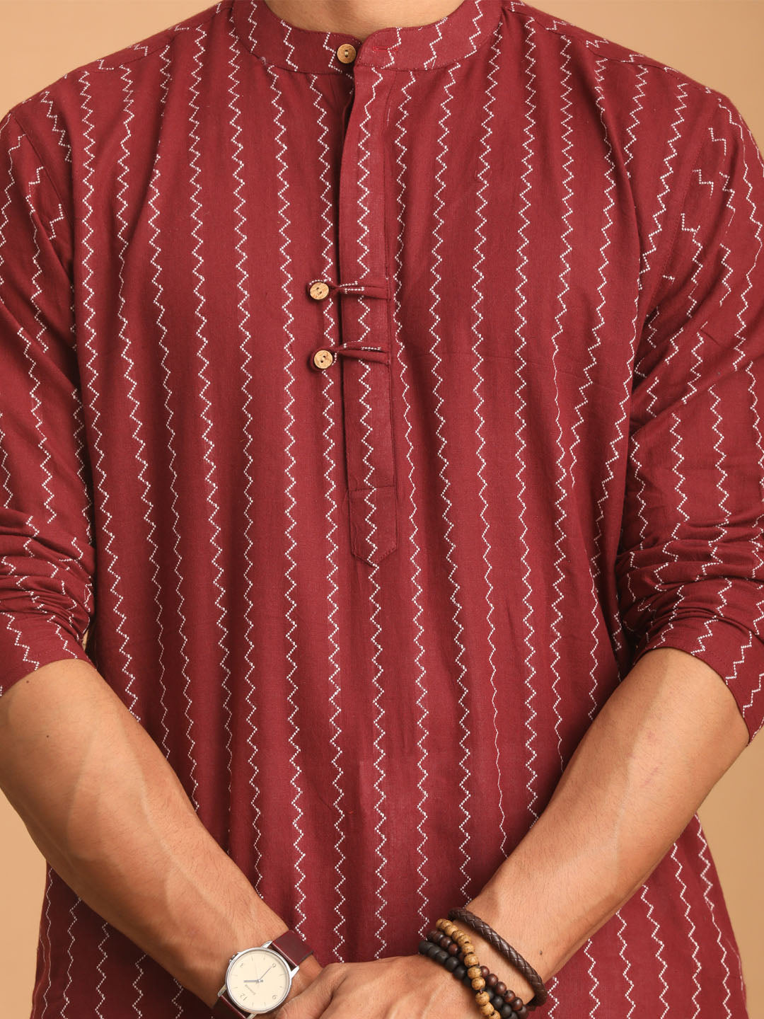 Men's Red Festive Striped Full Sleeves Kurta