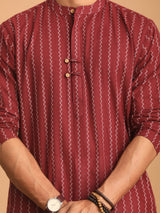 Men's Red Festive Striped Full Sleeves Kurta