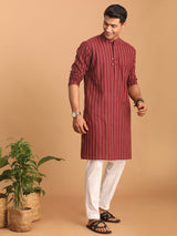 Men's Red Festive Striped Full Sleeves Kurta