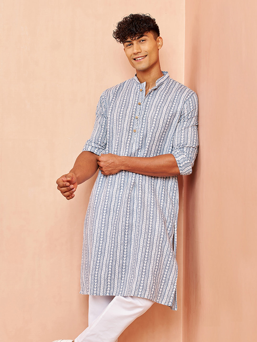Men's Grey Festive Striped Full Sleeves Kurta