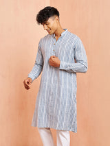 Men's Grey Festive Striped Full Sleeves Kurta