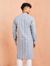 Men's Grey Festive Striped Full Sleeves Kurta
