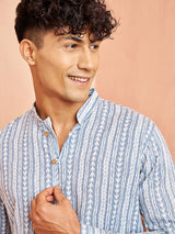 Men's Grey Festive Striped Full Sleeves Kurta