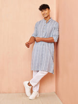 Men's Grey Festive Striped Full Sleeves Kurta