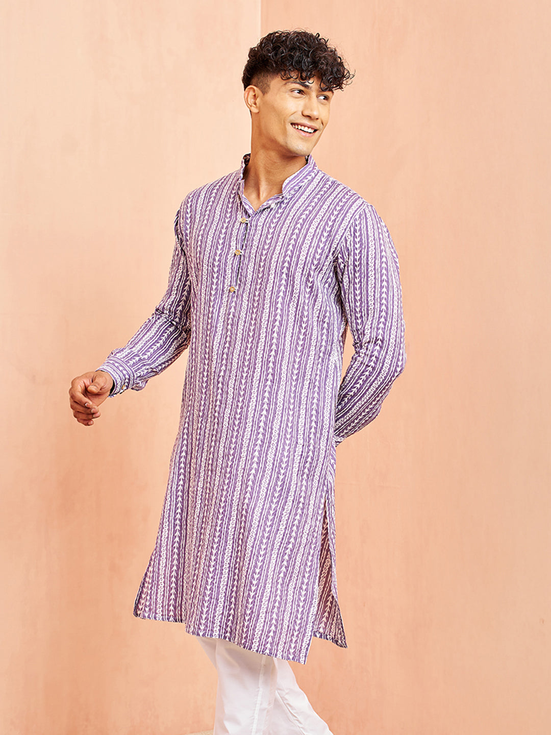 Men's Purple Festive Striped Full Sleeves Kurta