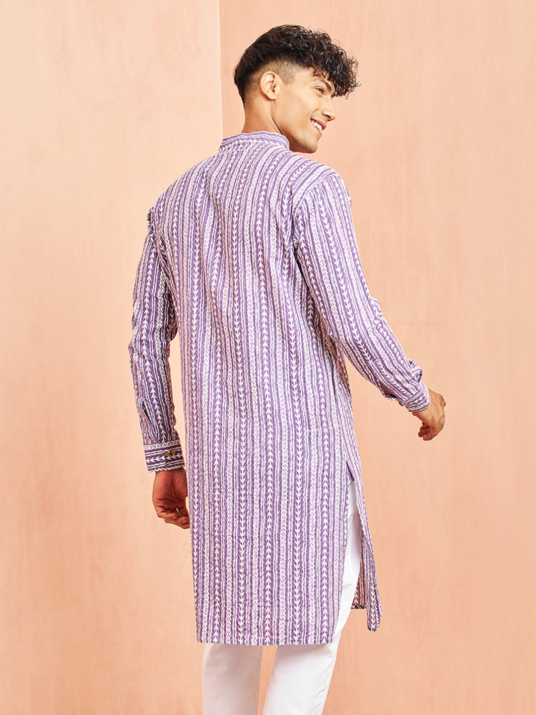 Men's Purple Festive Striped Full Sleeves Kurta