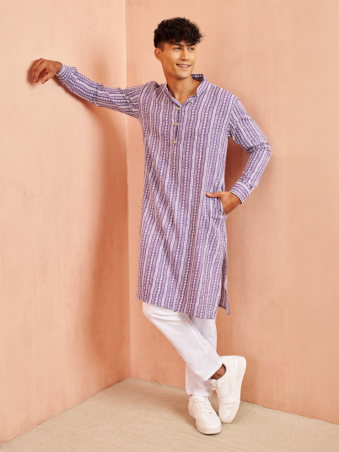 Men's Purple Festive Striped Full Sleeves Kurta
