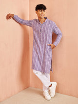Men's Purple Festive Striped Full Sleeves Kurta