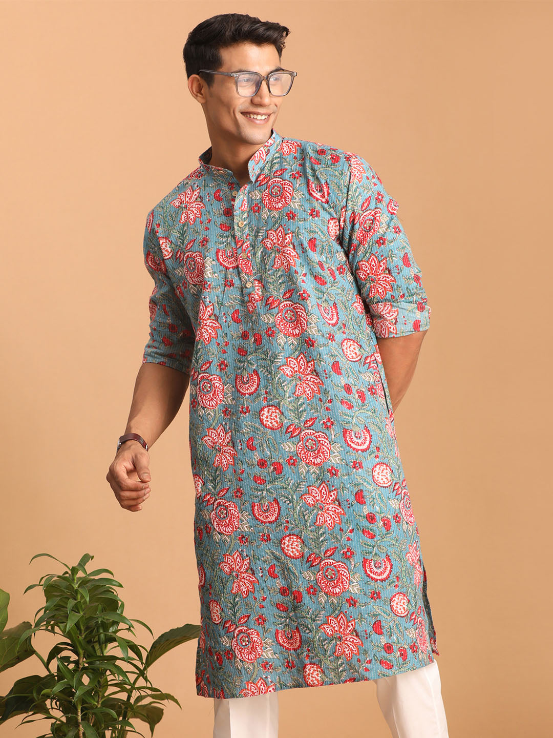 Men's Blue Festive Printed Full Sleeves Kurta