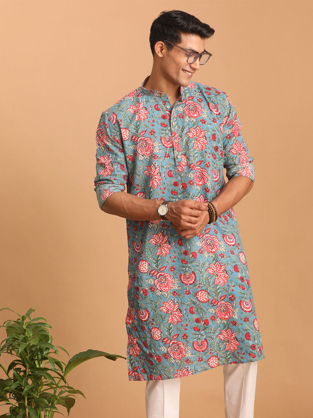 Men's Blue Festive Printed Full Sleeves Kurta