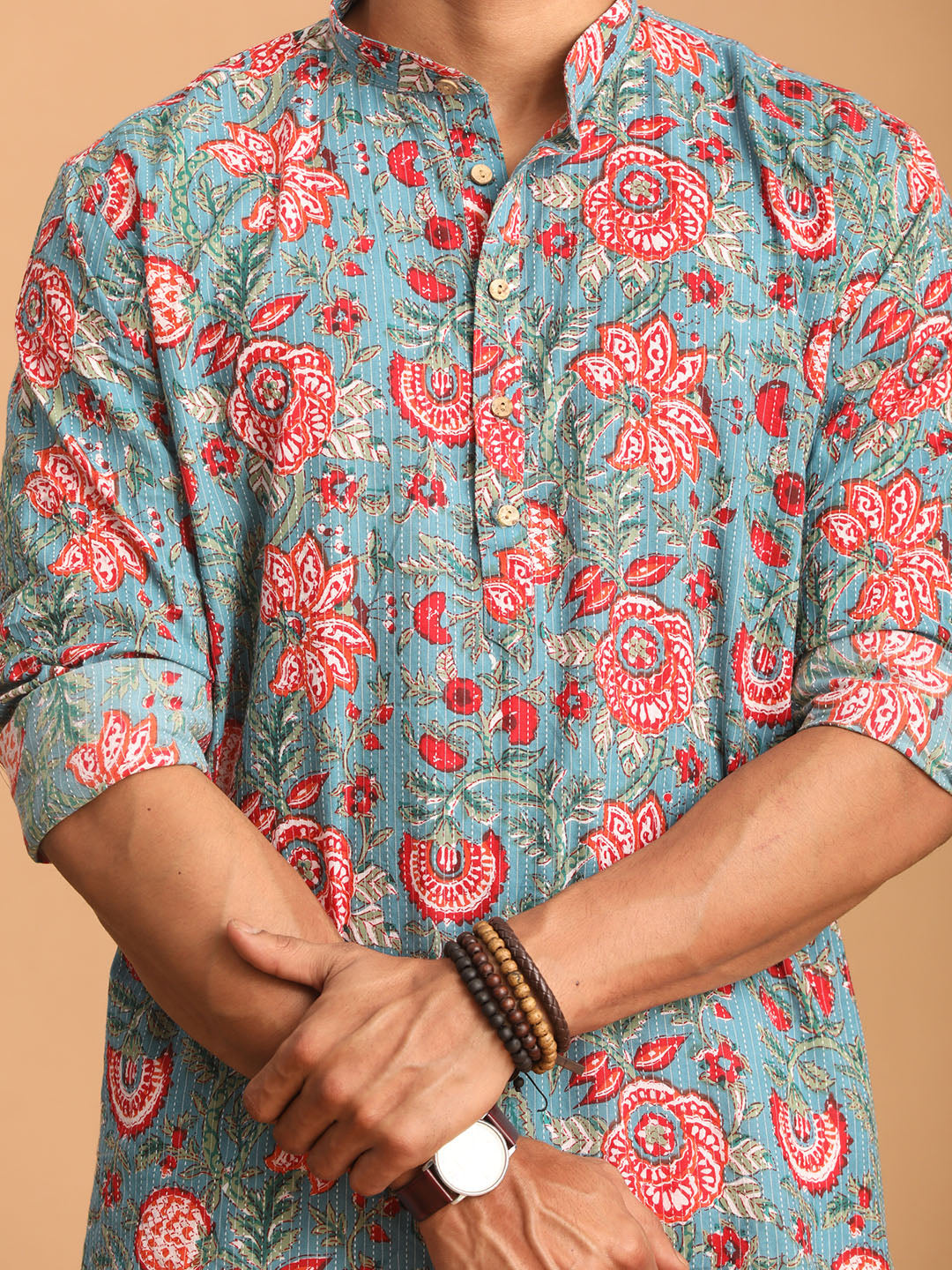 Men's Blue Festive Printed Full Sleeves Kurta
