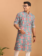Men's Blue Festive Printed Full Sleeves Kurta