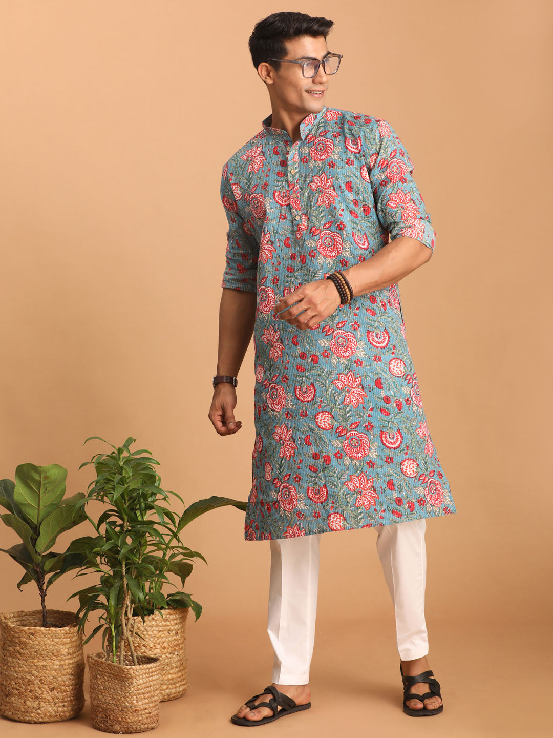 Men's Blue Festive Printed Full Sleeves Kurta