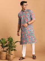 Men's Blue Festive Printed Full Sleeves Kurta